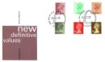 Machins: 5p, 12 1/2p, 16 1/2p, 19 1/2p, 26p, 29p
New Definitive Values Machins: 5p, 12 1/2p, 16 1/2p, 19 1/2p, 26p, 29p
New Definitive Values