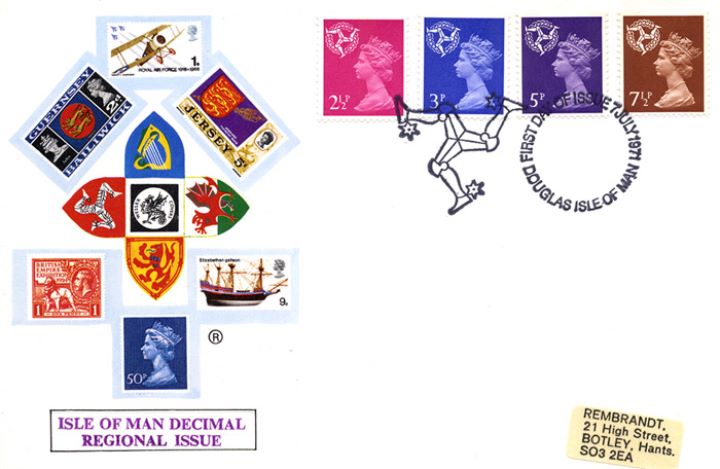 Isle of Man 2 1/2p, 3p, 5p, 7 1/2p, Regional Coats of Arms & Stamps Isle of Man 2 1/2p, 3p, 5p, 7 1/2p, Regional Coats of Arms & Stamps