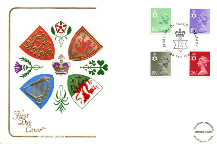 Northern Ireland 12 1/2p, 15 1/2p, 19 1/2p, 26p, Regional Coats of Arms & Emblems Northern Ireland 12 1/2p, 15 1/2p, 19 1/2p, 26p, Regional Coats of Arms & Emblems