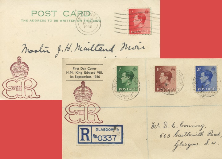 KEVIII: 1/2d, 1 1/2d, 2 1/2d, Edward VIII set on postcard and cover KEVIII: 1/2d, 1 1/2d, 2 1/2d, Edward VIII set on postcard and cover