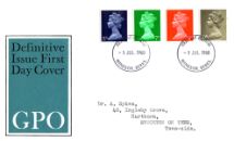01.07.1968
Machins: 5d, 7d, 8d, 10d
New Definitives
Royal Mail/Post Office
