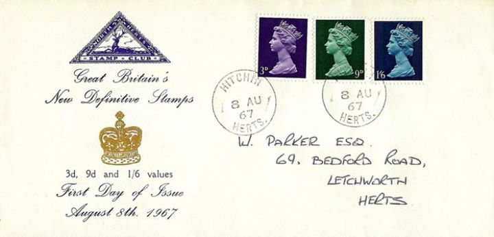 Machins: 3d, 9d, 1s 6d, North Herts Stamp Club