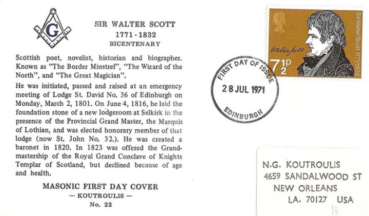 Literary Anniversaries 1971, Masonic FDC