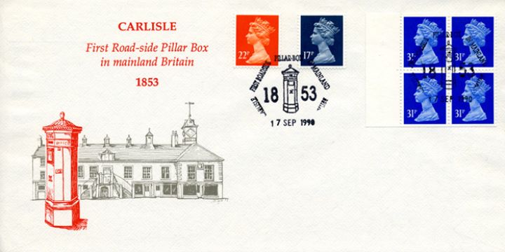 Window: Airmail: £1.24 , First Road-side Pillar Box