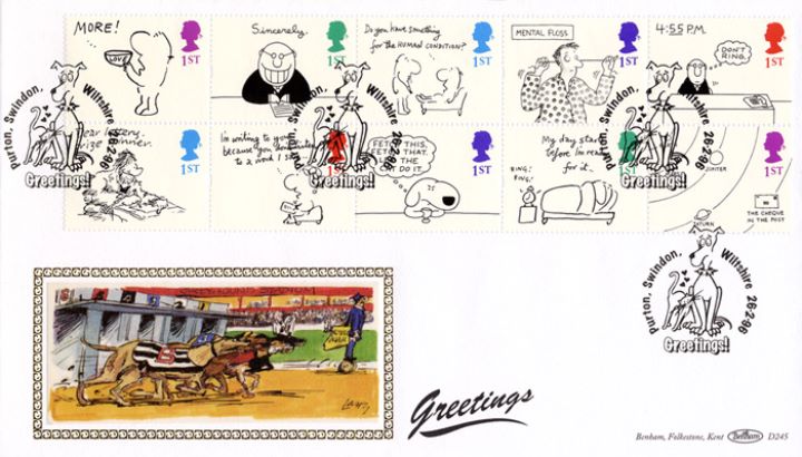 Cartoons (Greetings), Greyhounds chase postman