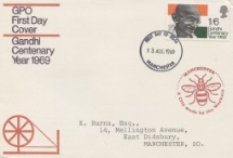 13.08.1969
Gandhi
Manchester Bee Cachet
Royal Mail/Post Office, Manchester Bee No.3