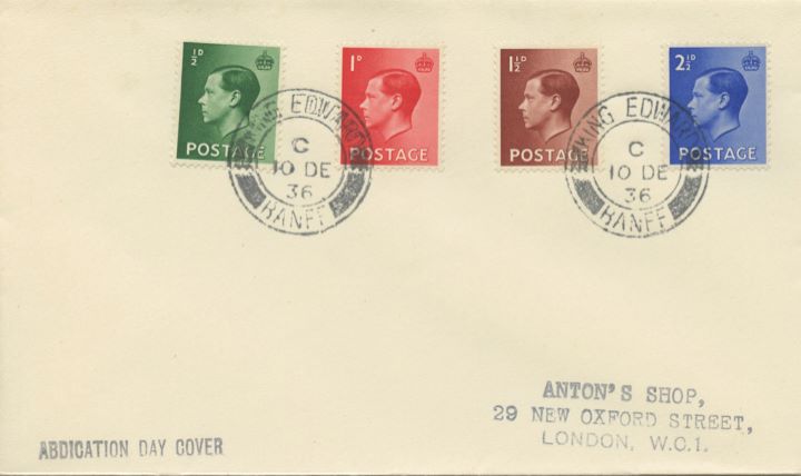 KEVIII: 1/2d, 1 1/2d, 2 1/2d, Abdication Cover - all four stamps