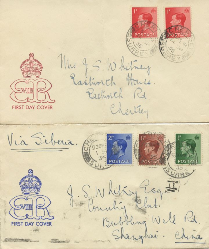 KEVIII: 1d Red, Pair of Covers postmarked in Chertsey