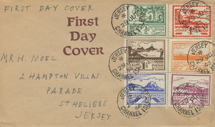 Jersey 2 1/2d & 3d (Views), All six stamps on the one envelope