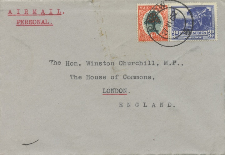 Envelope addressed to Winston Churchill, Posted from Parrow South Africa