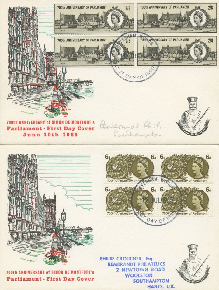 700th Anniv. of Parliament, Pair of covers with block of 4 stamps