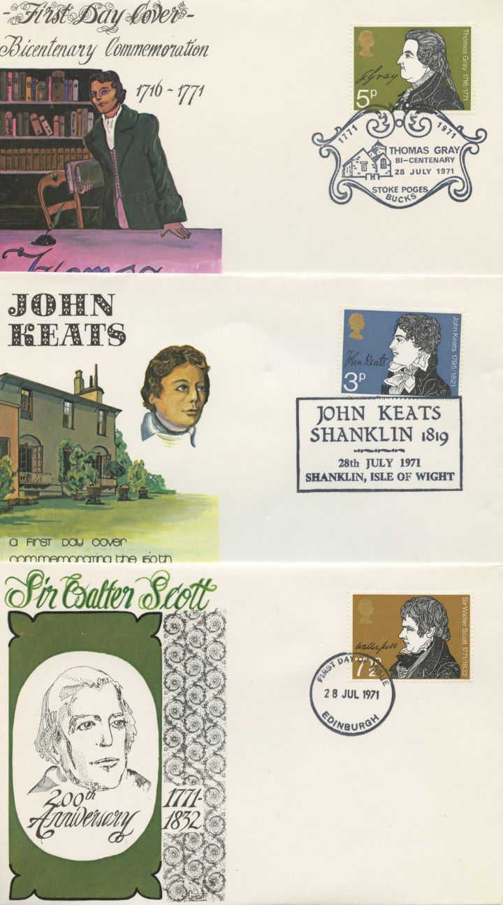 Literary Anniversaries 1971, Set of Three Appropriate Postmarks