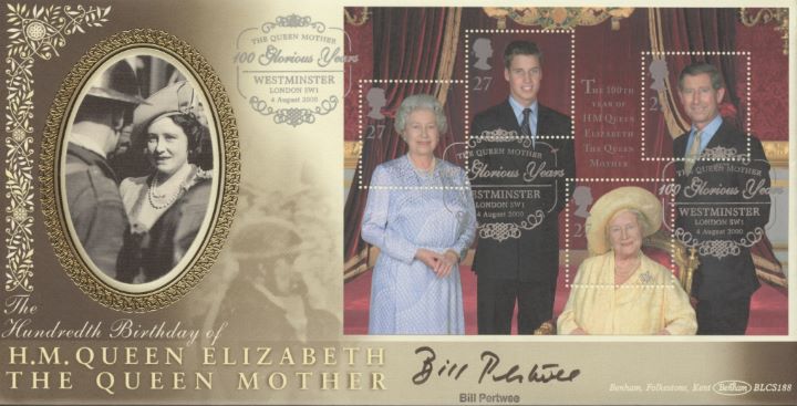Queen Mother: Miniature Sheet, Bill Pertwee signed