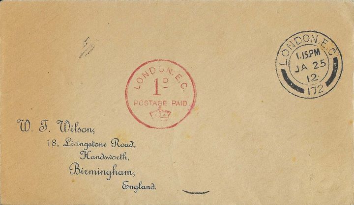 Wilkinson Experimental Envelope, Postage Paid Franking