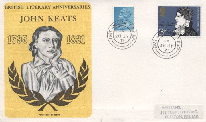 Literary Anniversaries 1971, John Keats TPO Postmarks